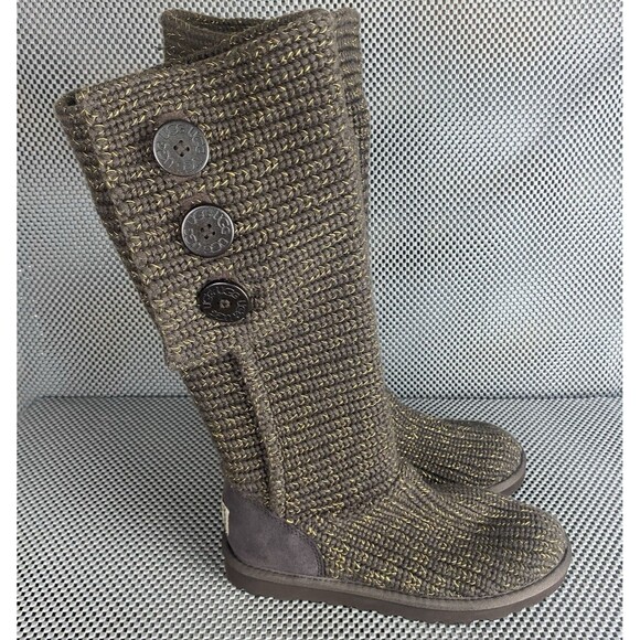 UGG Classic Cardy II Knit Sweater Boot Womens Size 8 Brown Sheepskin Lining - Picture 1 of 12